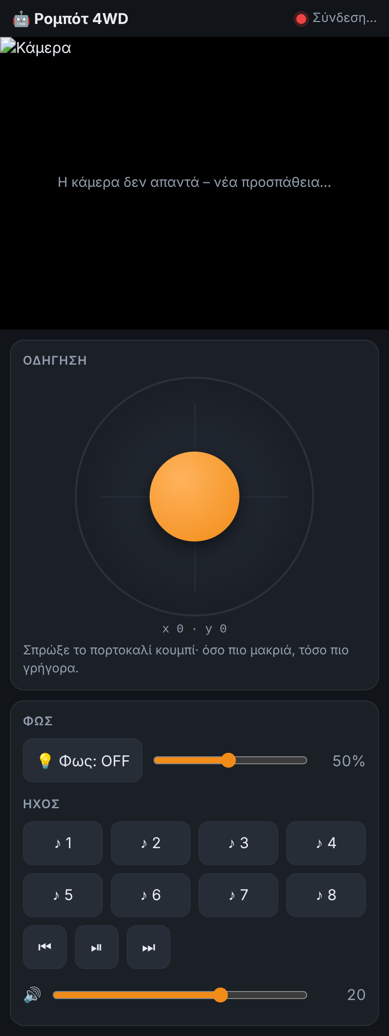 Παρεχόμενη εικόνα της οθόνης ελέγχου firmware σε κινητό, με κάμερα και χειριστήρια